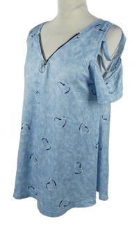 Dámská svělemodrá halenka se srdíčky a volnými rameny