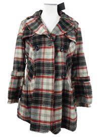 Nové - Dámský černo-červeno-šedý kostkovaný vlněný kabát CLG Paris