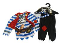 3set- Modro-bílé pruhované triko s lebkou a vestou+ černé kalhoty+ čelenka s lebkou