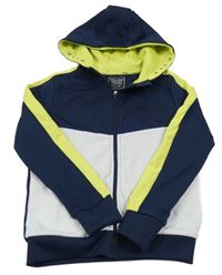 Tmavomodro-bílo-neonově žlutá sportovní propínací mikina s kapucí C&A
