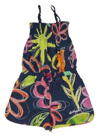 Tmavomodrý kraťasový overal s květinami Desigual