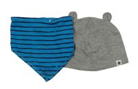 2set - Šedá čepice s ušima + modrý pruhovaný slinták