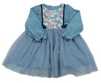 Modré manšestrovo/tylové šaty s kytičkami 