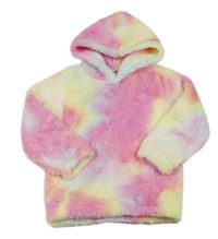 Růžovo-žluto-modrá chlupatá mikina s kapucí 