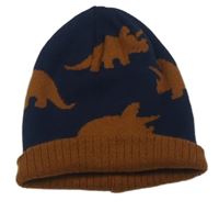 Tmavomodro-hnědá pletená čepice s dinosaury 