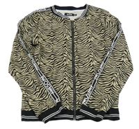 Hnědo-černá vzorovaná propínací mikina s nápisy na rukávech 