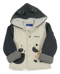 Smetanovo-tmavošedý fleecový zateplený kabátek se zvířaty a kapucí 