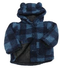 Tmavomodro-petrolejová kostkovaná huňatá zateplená bunda s kapucí Matalan