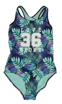 Tmavomodré jednodílné plavky s listy H&M