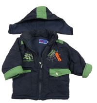 Tmavomodro-zelená šusťáková zimní bunda s výšivkou a odepínací kapucí