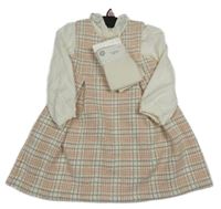 Nové - 3x - Bílo-růžovo-stříbrné šaty + body + punčocháče F&F