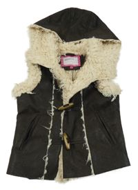 Kávová koženková zateplená vesta s kapucí 