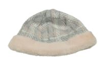 Šedo-růžovo-bílá pletená podšitá čepice s kožíškem 