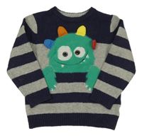 Tmavomodro-šedý pruhovaný svetr s příšerkou F&F