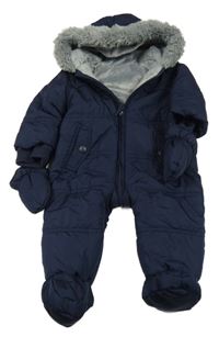 Tmavomodrá šusťáková prošívaná zimní kombinéza s kapucí George