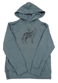 Modrošedá mikina s vlkem a kapucí 