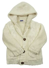 Smetanový pletený propínací zateplený svetr se vzorem a kapucí lupilu