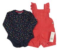 2Set - Jahodové manšestrové laclové kraťasy s kapsou a volánky + tmavomodré puntíkaté body F&F