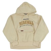 Smetanová teplá mikina s nápisy a kapsou a kapucí