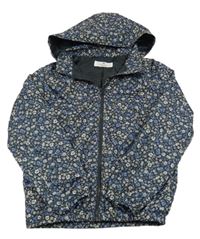 Černá šusťáková jarní bunda s kytičkami a odepínací kapucí H&M