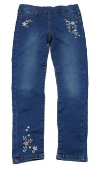 Modré teplákové riflové džegíny s kytičkami Vertbaudet