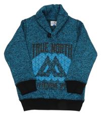 Azurovo-černá melírovaná pletená mikina s potiskem a nápisy a stojáčkem Topolino