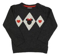 Tmavošedý melírovaný svetr s Minnie a károvaným vzorem C&A