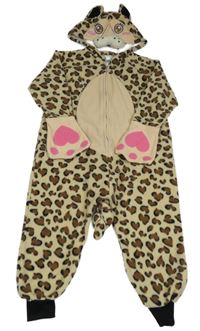 Kostým - Béžovo-hnědo-černá fleecová kombinéza se srdíčky a kapucí - šelma 