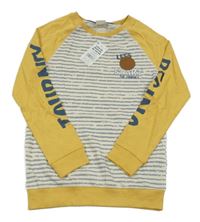 Nové - smetanovo-modrošedo-okrové pruhované mikinotriko s nášivkou a nápisy little kids