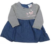 Tmavomodro-bílo-modré šaty s motýlky a nápisem a pruhy Topomini