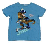 Modré tričko s dinosaurem s překlápěcími flitry F&F