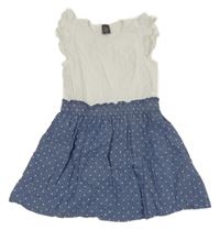 Bílo-modré melírované bavlněno/riflové šaty s kapsou a puntíky a volánky little kids