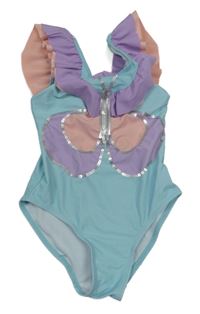 Světlemodro-fialovo-broskvové jednodílné plavky s motýlkem s flitry a volánky Topolino