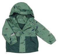 Khaki-tmavokhaki šusťáková jarní bunda s dinosaury a kapucí POCOPIANO