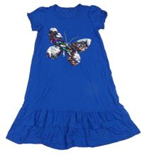 Královsky modré šaty s motýlkem z překlápěcích flitrů a volánkem JAKO-O