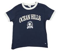 Tmavomodro-bílé crop tričko s nápisem a helmou ZARA