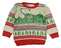 Krémovo-zeleno-červený vzorovaný svetr s kostrou dinosaura