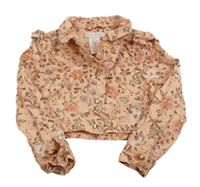 Růžová květovaná plátěná crop bunda s volánky