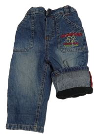 Modré zateplené rifle s nápisem C&A