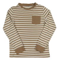 Hnědo-bílé pruhované triko s kapsou