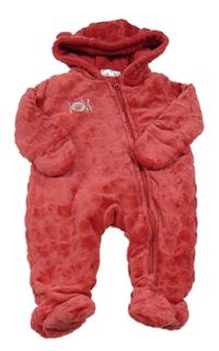 Malinová chlupatá zateplená kombinéza s nápisem a kapucí Ergee