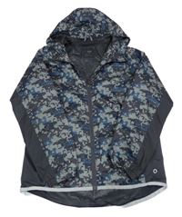 Černo-šedo-tmavomodrá vzorovaná šusťáková jarní bunda s kapucí M&S