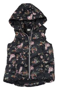 Černá květovaná šusťáková zateplená vesta se zvířaty a kapucí H&M