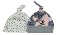 2x Bílá vzorovaná + růžovo-šedá květovaná bavlněná čepice