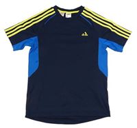 Tmavomodré sportovní funkční tričko se žlutými pruhy a logem Adidas