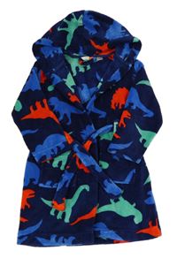 Tmavomodrý chlupatý župan s červenými a zelenými dinosaury a kapucí John Lewis