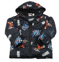 Černá vzorovaná šusťáková zimní bunda s Marvel a kapucí Marvel