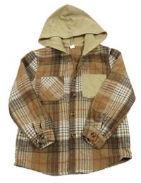 Hnědo-béžová kostkovaná úpletová košilová bunda s kapucí 