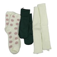3 set - bílé chlupaté ponožky s růžovými puntíky + tmavozelené thermo ponožky + bílé pletené návleky 