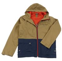 Hnědo-tmavomodrá šusťáková funkční jarní bunda s logem a kapucí Quechua